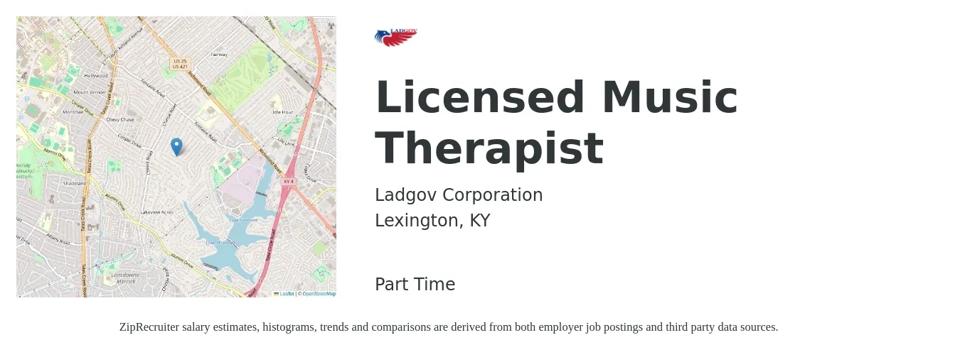 Ladgov Corporation job posting for a Licensed Music Therapist in Lexington, KY with a salary of $23 to $32 Hourly with a map of Lexington location.