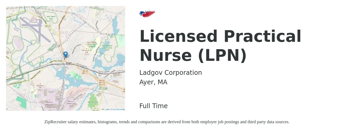 Ladgov Corporation job posting for a Licensed Practical Nurse (LPN) in Ayer, MA with a salary of $29 to $39 Hourly with a map of Ayer location.