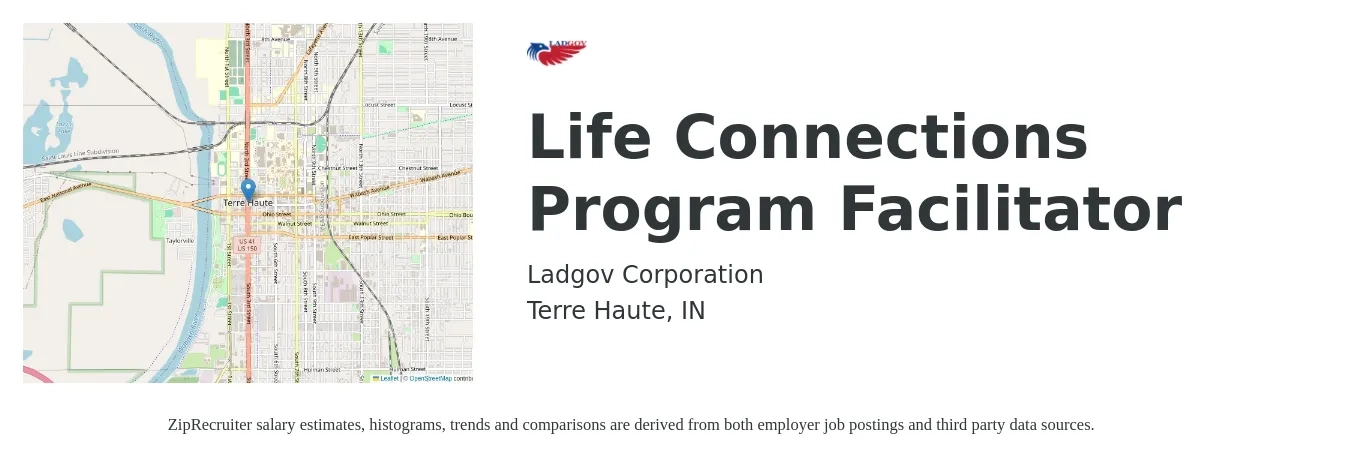 Ladgov Corporation job posting for a Life Connections Program Facilitator in Terre Haute, IN with a salary of $17 to $27 Hourly with a map of Terre Haute location.