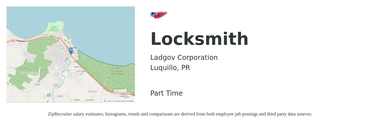 Ladgov Corporation job posting for a Locksmith in Luquillo, PR with a salary of $18 to $27 Hourly with a map of Luquillo location.