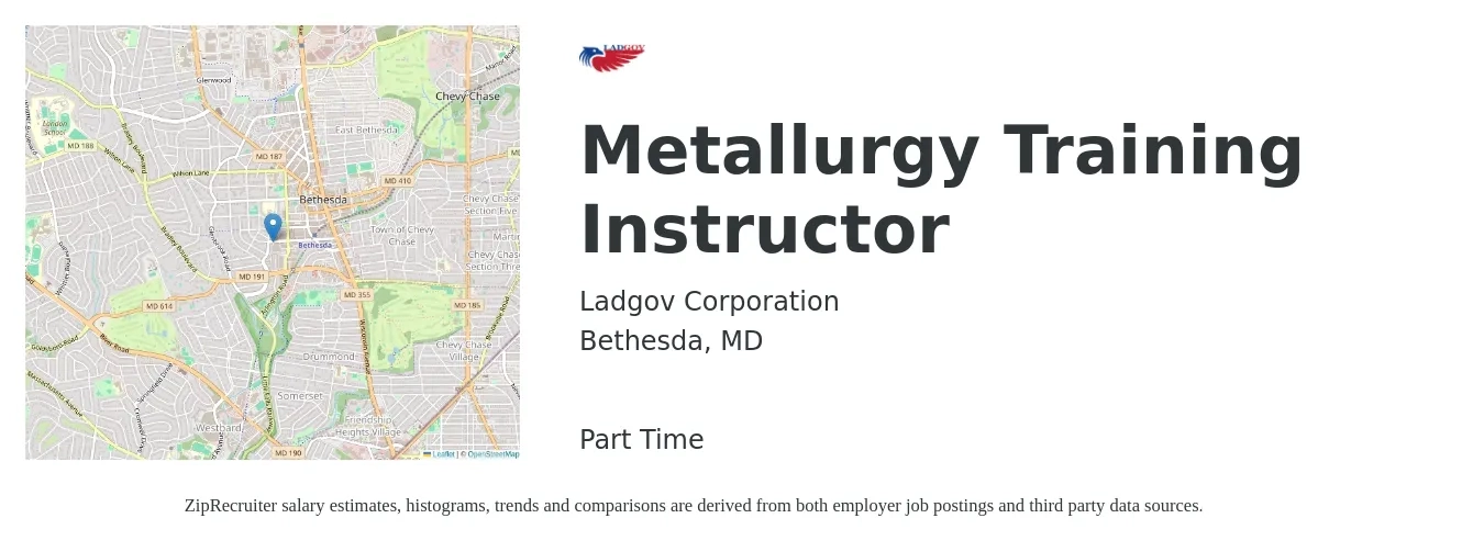 Ladgov Corporation job posting for a Metallurgy Training Instructor in Bethesda, MD with a map of Bethesda location.