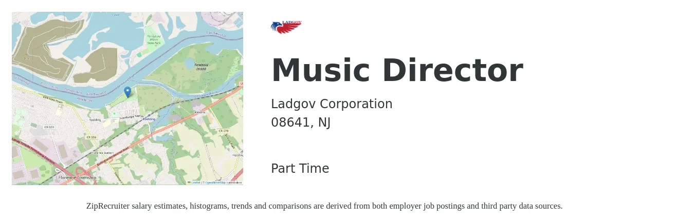 Ladgov Corporation job posting for a Music Director in 08641, NJ with a salary of $41,200 to $56,200 Yearly with a map of 08641 location.