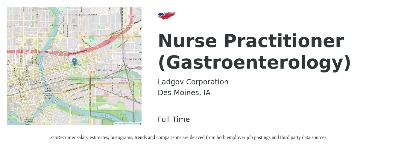 Ladgov Corporation job posting for a Nurse Practitioner (Gastroenterology) in Des Moines, IA with a salary of $105,400 to $146,400 Yearly with a map of Des Moines location.