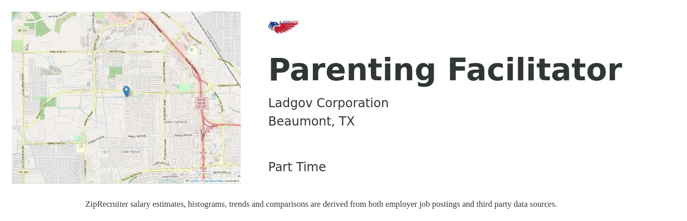 Ladgov Corporation job posting for a Parenting Facilitator in Beaumont, TX with a salary of $17 to $27 Hourly with a map of Beaumont location.