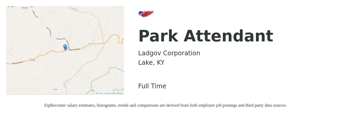 Ladgov Corporation job posting for a Park Attendant in Lake, KY with a salary of $10 to $12 Hourly with a map of Lake location.
