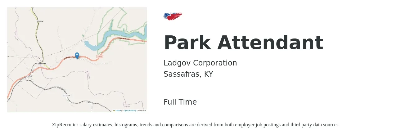 Ladgov Corporation job posting for a Park Attendant in Sassafras, KY with a salary of $14 to $18 Hourly with a map of Sassafras location.