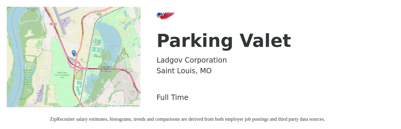 Ladgov Corporation job posting for a Parking Valet in Saint Louis, MO with a salary of $13 to $17 Hourly with a map of Saint Louis location.