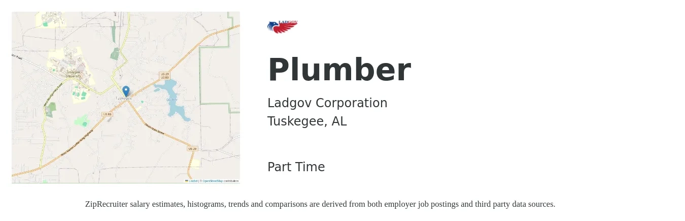Ladgov Corporation job posting for a Plumber in Tuskegee, AL with a salary of $23 to $33 Hourly with a map of Tuskegee location.