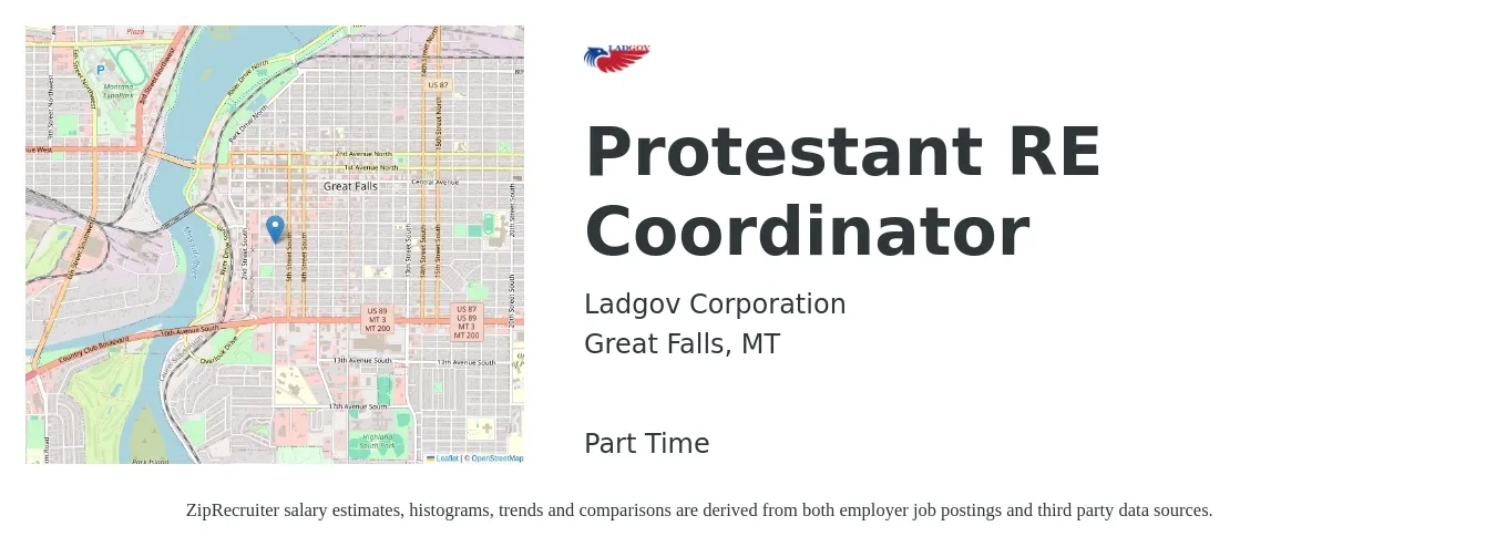 Ladgov Corporation job posting for a Protestant RE Coordinator in Great Falls, MT with a salary of $19 to $24 Hourly with a map of Great Falls location.