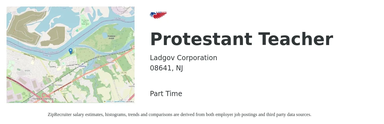 Ladgov Corporation job posting for a Protestant Teacher in 08641, NJ with a salary of $32,500 to $55,300 Yearly with a map of 08641 location.
