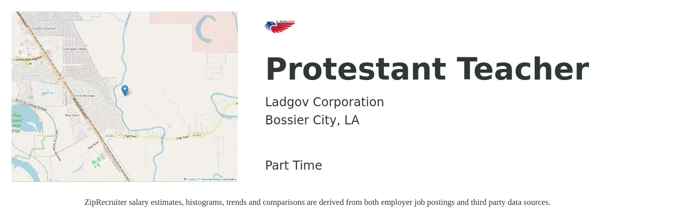Ladgov Corporation job posting for a Protestant Teacher in Bossier City, LA with a salary of $31,300 to $53,300 Yearly with a map of Bossier City location.