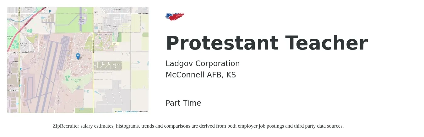 Ladgov Corporation job posting for a Protestant Teacher in McConnell AFB, KS with a salary of $31,700 to $53,900 Yearly with a map of McConnell AFB location.