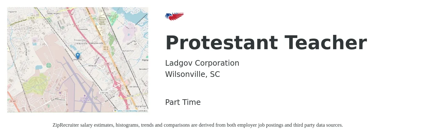 Ladgov Corporation job posting for a Protestant Teacher in Wilsonville, SC with a salary of $29,500 to $50,200 Yearly with a map of Wilsonville location.
