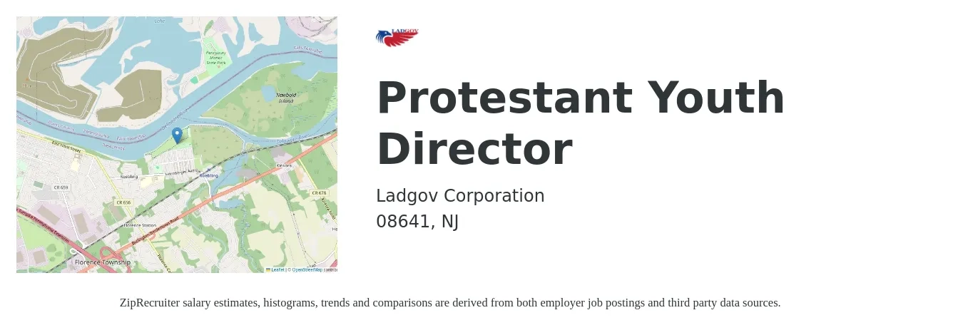 Ladgov Corporation job posting for a Protestant Youth Director in 08641, NJ with a salary of $44,100 to $72,700 Yearly with a map of 08641 location.