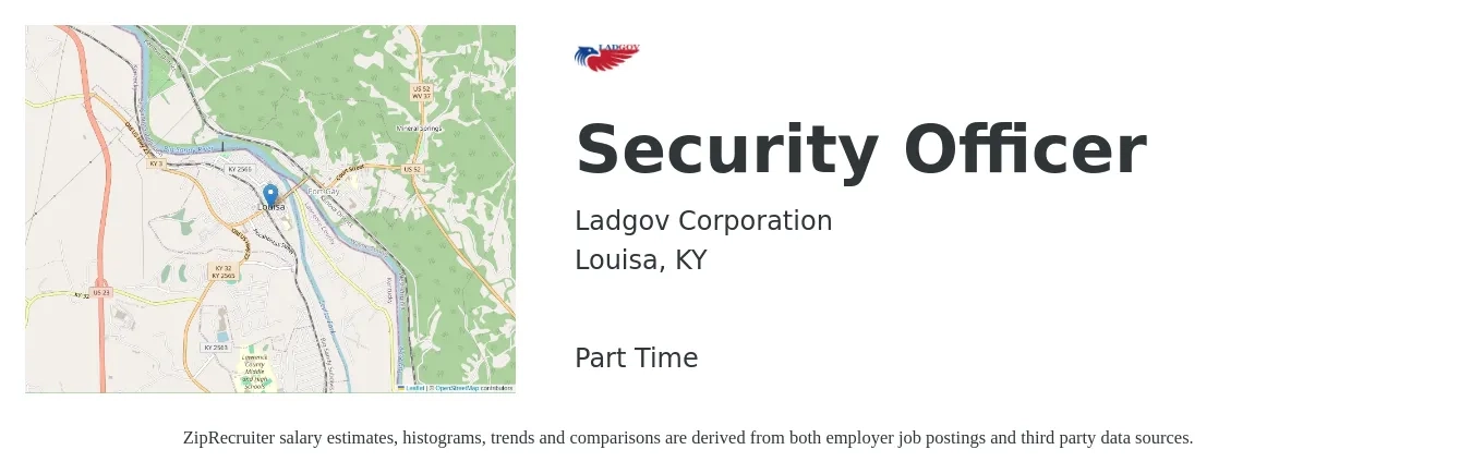 Ladgov Corporation job posting for a Security Officer in Louisa, KY with a salary of $14 to $16 Hourly with a map of Louisa location.