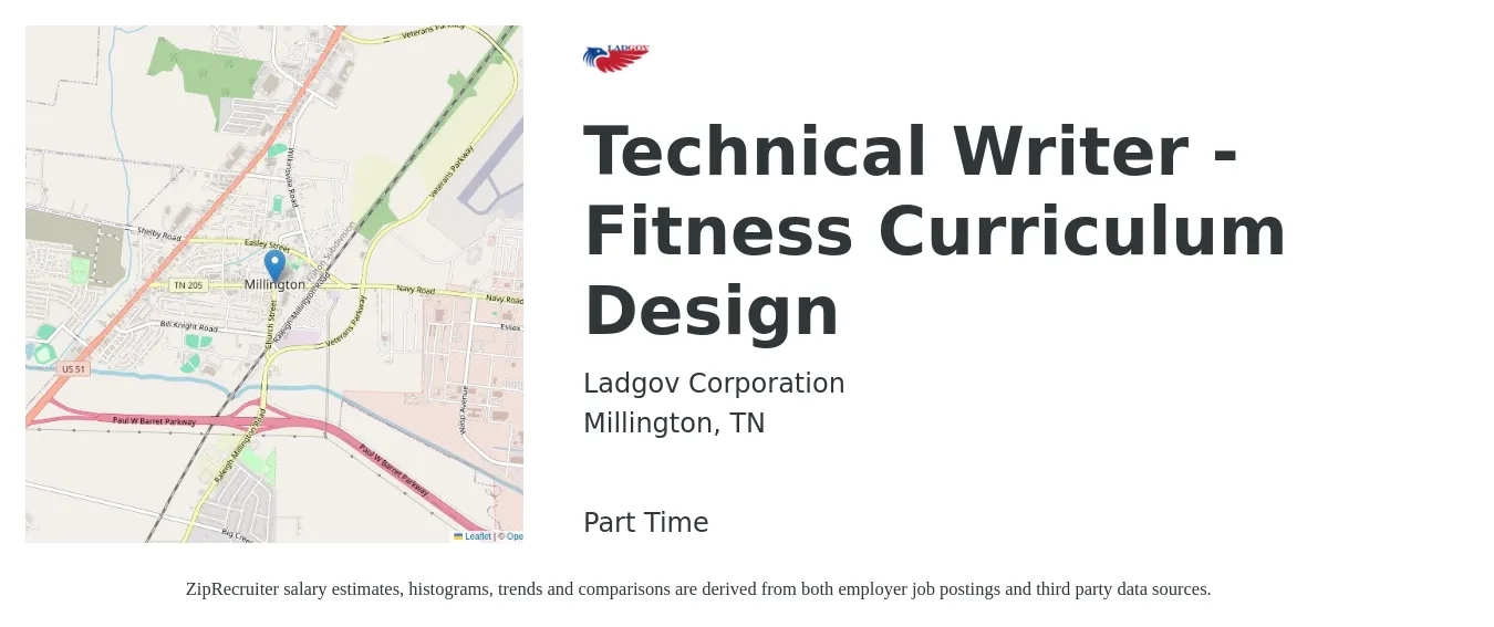 Ladgov Corporation job posting for a Technical Writer - Fitness Curriculum Design in Millington, TN with a salary of $28 to $46 Hourly with a map of Millington location.