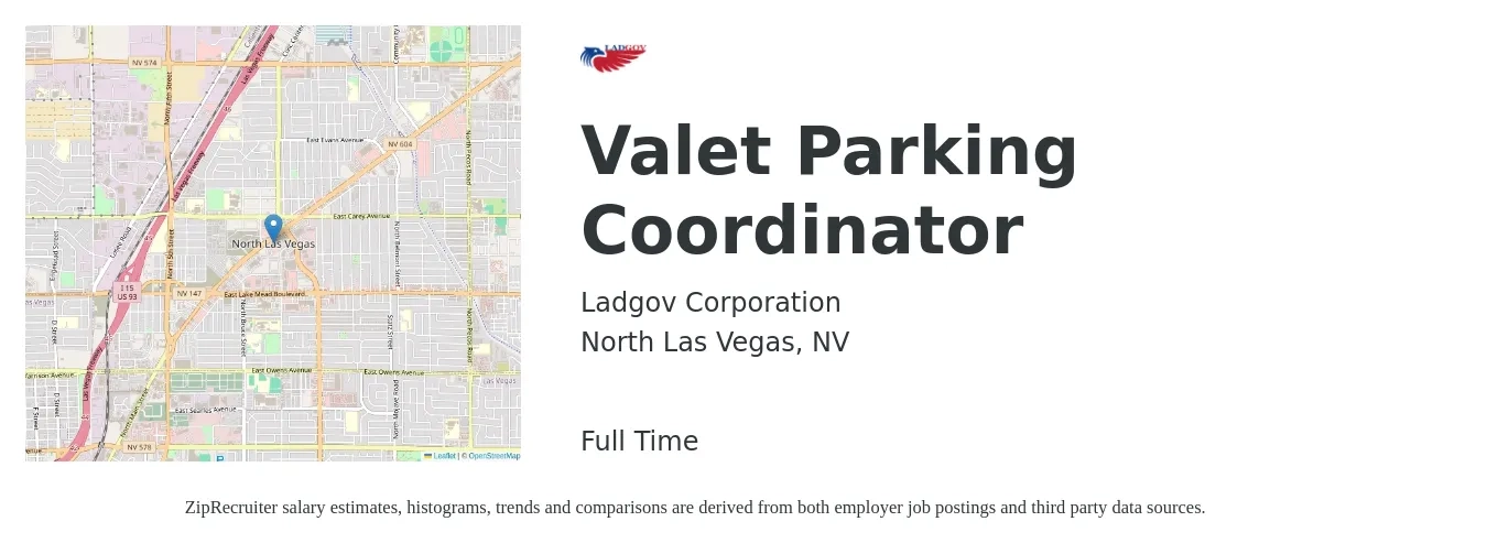 Ladgov Corporation job posting for a Valet Parking Coordinator in North Las Vegas, NV with a salary of $13 to $17 Hourly with a map of North Las Vegas location.