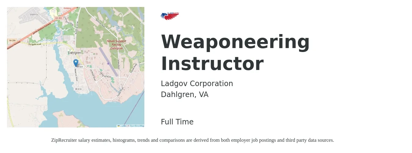 Ladgov Corporation job posting for a Weaponeering Instructor in Dahlgren, VA with a salary of $17 to $26 Hourly with a map of Dahlgren location.