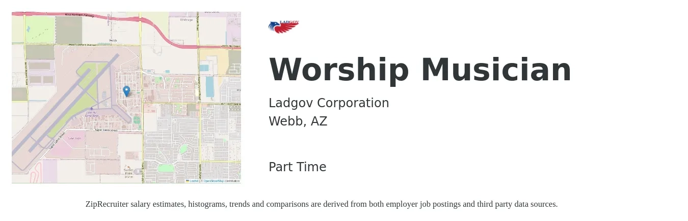 Ladgov Corporation job posting for a Worship Musician in Webb, AZ with a salary of $13 to $29 Hourly with a map of Webb location.