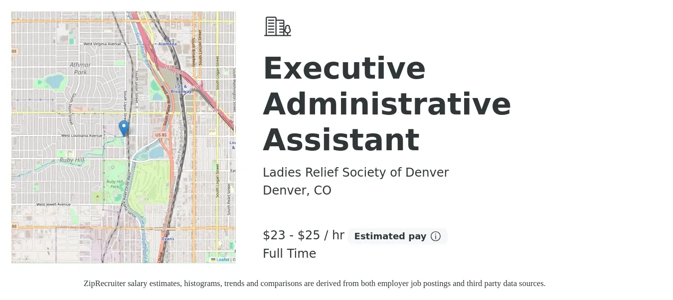Ladies Relief Society of Denver job posting for a Executive Administrative Assistant in Denver, CO with a salary of $24 to $27 Hourly with a map of Denver location.