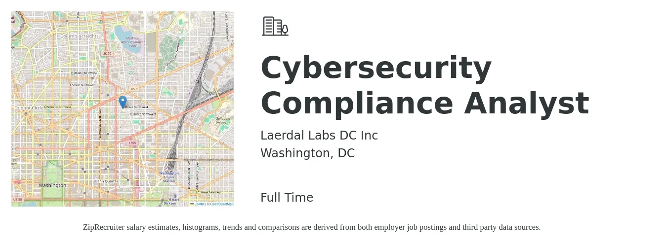 Laerdal Labs DC Inc job posting for a Cybersecurity Compliance Analyst in Washington, DC with a salary of $32 to $46 Hourly with a map of Washington location.