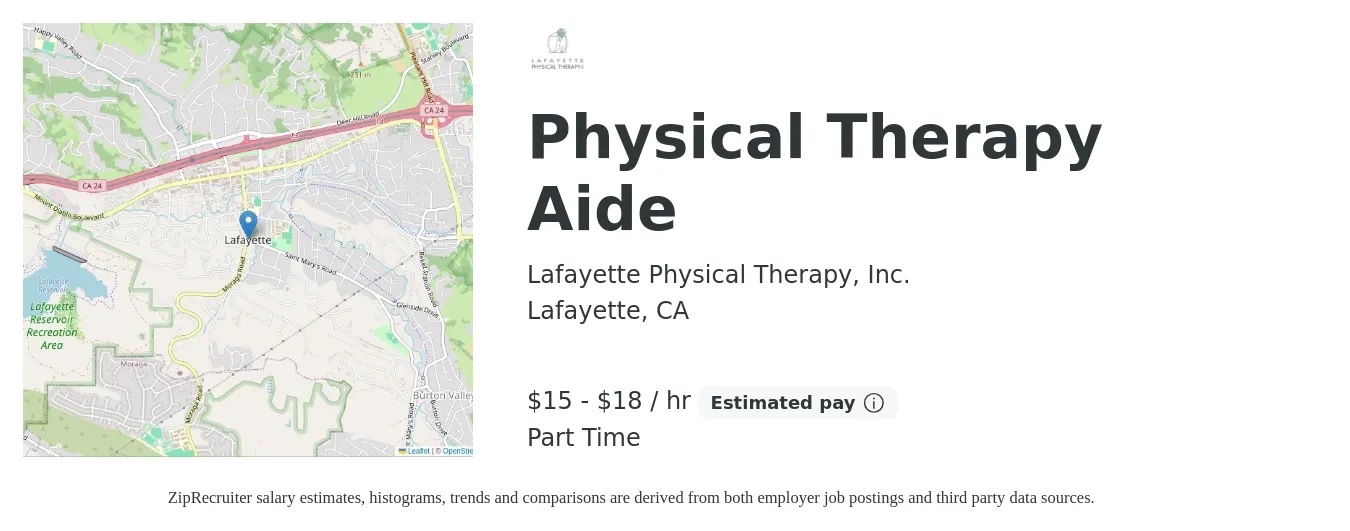 Lafayette Physical Therapy, Inc. job posting for a Physical Therapy Aide in Lafayette, CA with a salary of $17 to $21 Hourly with a map of Lafayette location.