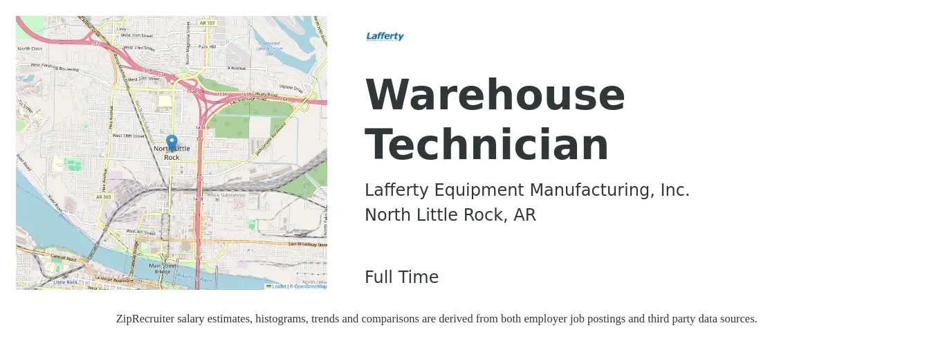 Lafferty Equipment Manufacturing, Inc. job posting for a Warehouse Technician in North Little Rock, AR with a salary of $16 to $20 Hourly with a map of North Little Rock location.