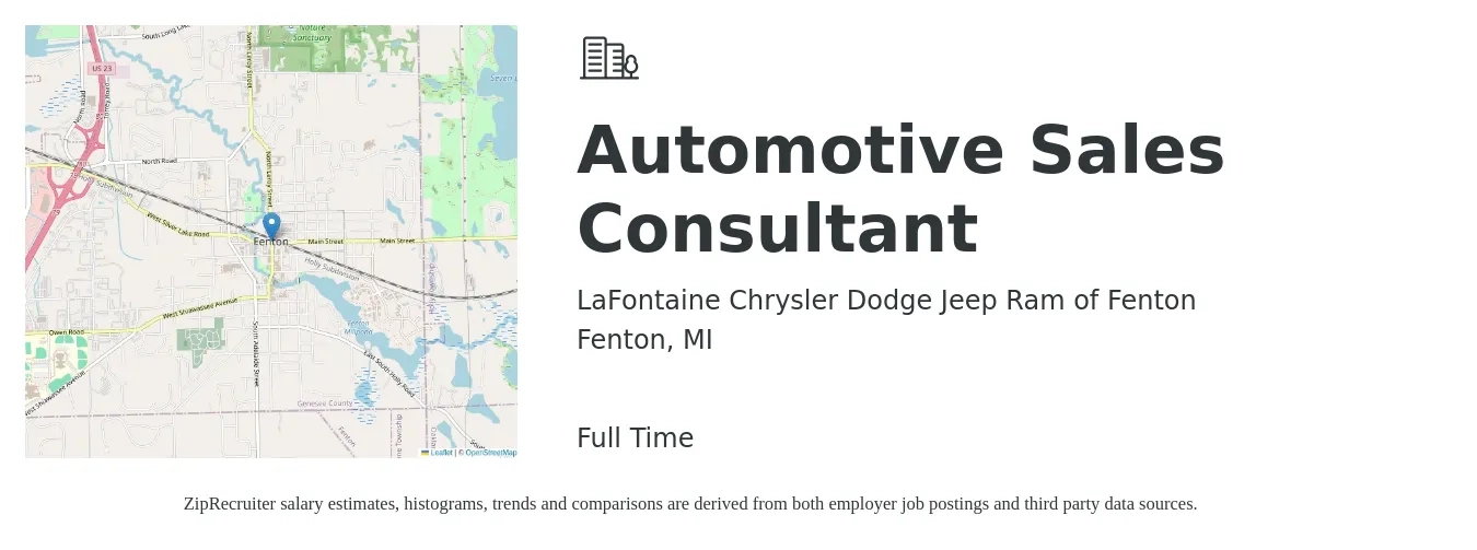 LaFontaine Chrysler Dodge Jeep Ram of Fenton job posting for a Automotive Sales Consultant in Fenton, MI with a salary of $37,000 to $72,200 Yearly with a map of Fenton location.