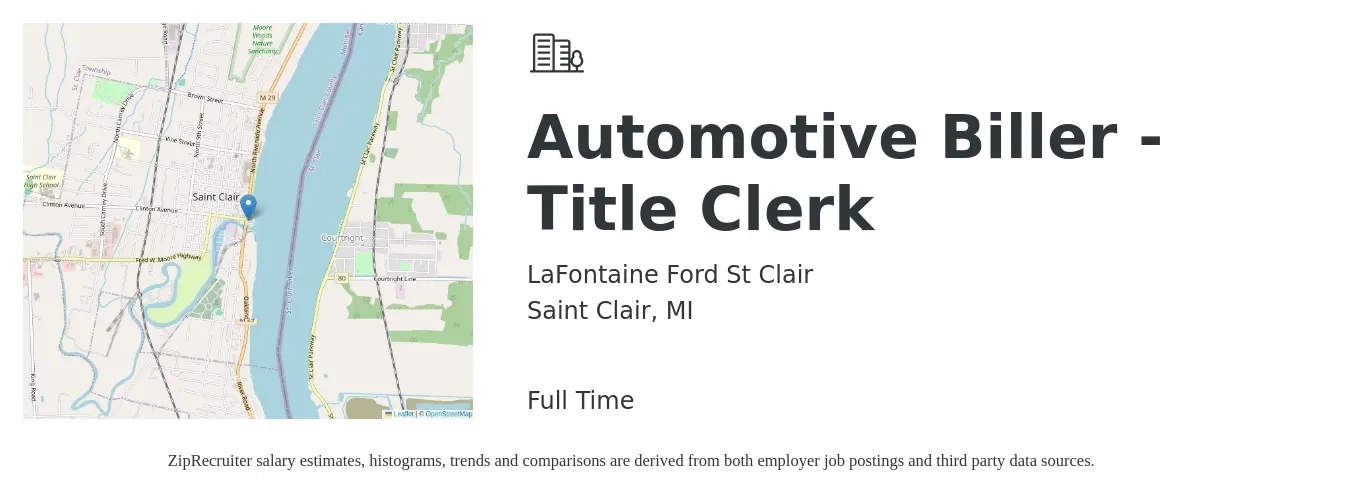 LaFontaine Ford St Clair job posting for a Automotive Biller - Title Clerk in Saint Clair, MI with a salary of $17 to $21 Hourly with a map of Saint Clair location.