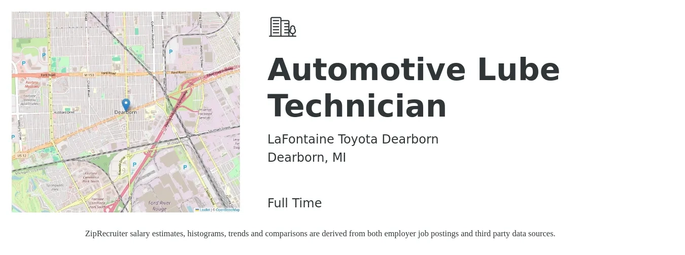 LaFontaine Toyota Dearborn job posting for a Automotive Lube Technician in Dearborn, MI with a salary of $13 to $18 Hourly with a map of Dearborn location.