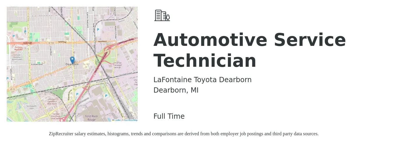LaFontaine Toyota Dearborn job posting for a Automotive Service Technician in Dearborn, MI with a salary of $18 to $29 Hourly with a map of Dearborn location.