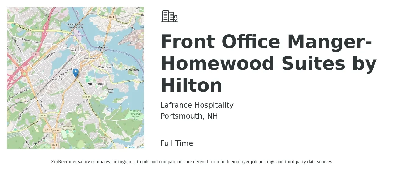 Lafrance Hospitality job posting for a Front Office Manger- Homewood Suites by Hilton in Portsmouth, NH with a salary of $500 Daily with a map of Portsmouth location.