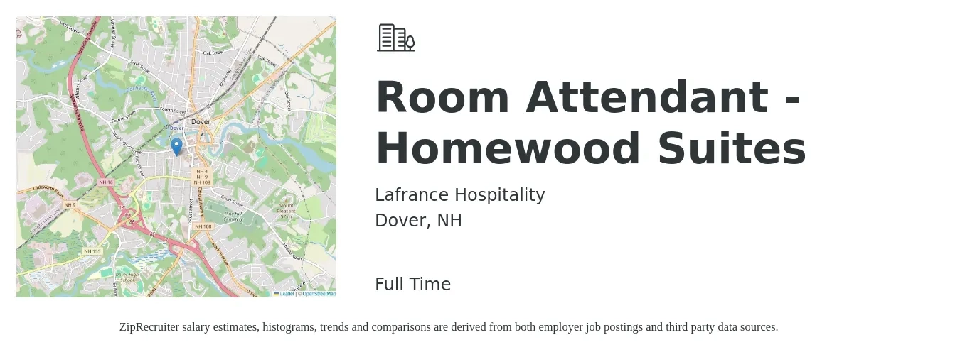 Lafrance Hospitality job posting for a Room Attendant - Homewood Suites in Dover, NH with a salary of $15 to $16 Hourly with a map of Dover location.