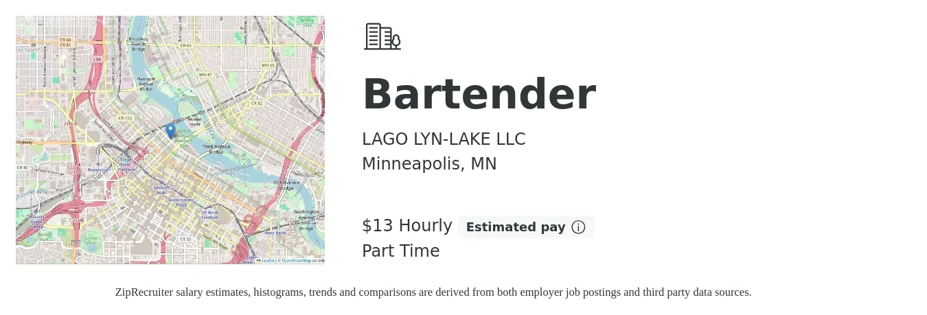 LAGO LYN-LAKE LLC job posting for a Bartender in Minneapolis, MN with a salary of $14 Hourly with a map of Minneapolis location.