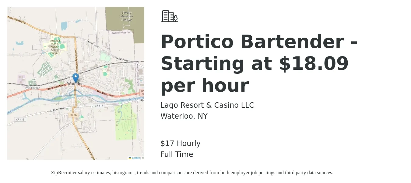 Lago Resort & Casino LLC job posting for a Portico Bartender - Starting at $18.09 per hour in Waterloo, NY with a salary of $18 Hourly with a map of Waterloo location.