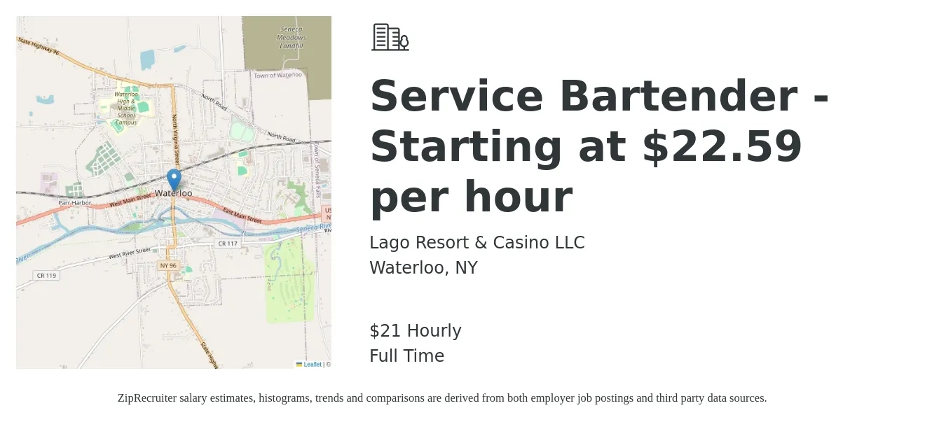 Lago Resort & Casino LLC job posting for a Service Bartender - Starting at $22.59 per hour in Waterloo, NY with a salary of $23 Hourly with a map of Waterloo location.