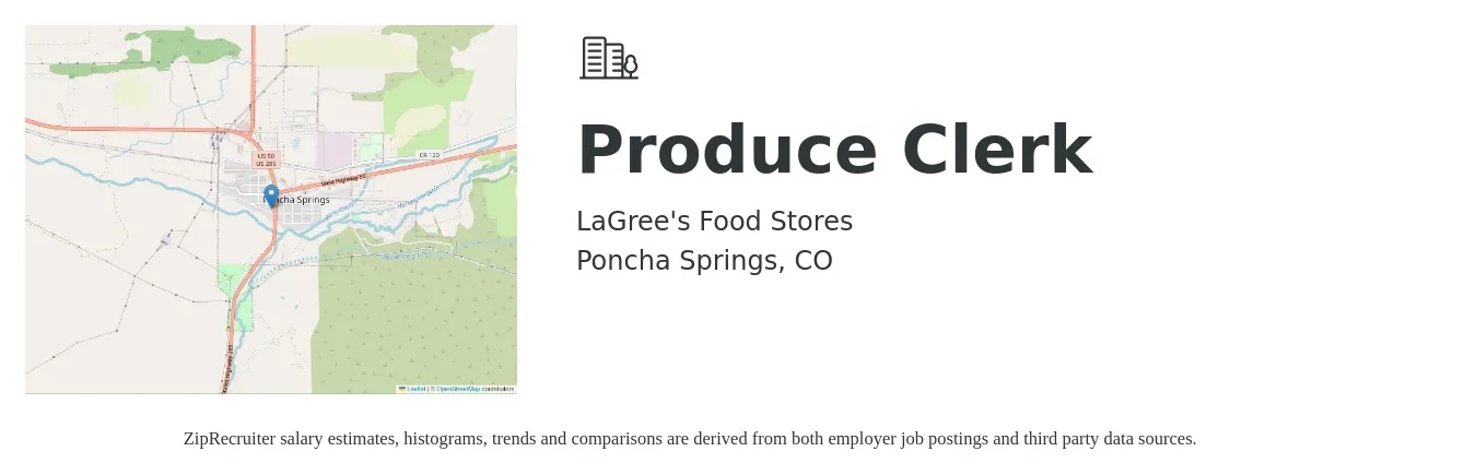 LaGree's Food Stores job posting for a Produce Clerk in Poncha Springs, CO with a salary of $18 to $20 Hourly with a map of Poncha Springs location.