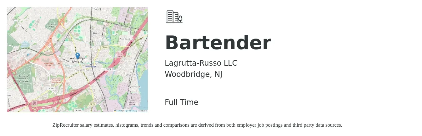 Lagrutta-Russo LLC job posting for a Bartender in Woodbridge, NJ with a salary of $10 to $19 Hourly with a map of Woodbridge location.