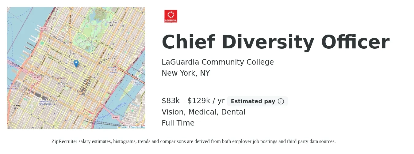 LaGuardia Community College job posting for a Chief Diversity Officer in New York, NY with a salary of $83,878 to $129,310 Yearly and benefits including dental, medical, and vision with a map of New York location.