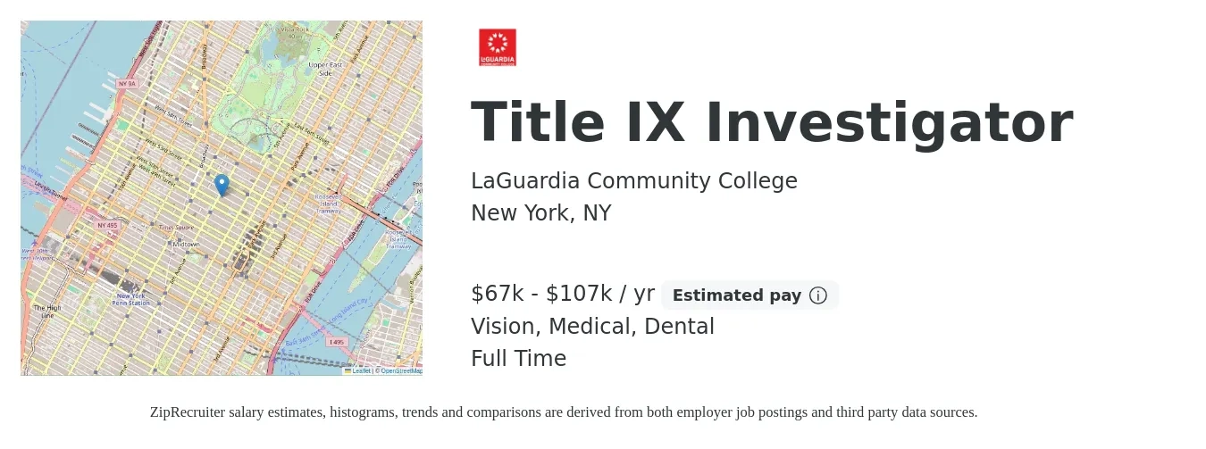 LaGuardia Community College job posting for a Title IX Investigator in New York, NY with a salary of $67,784 to $107,789 Yearly and benefits including medical, vision, dental, and life_insurance with a map of New York location.