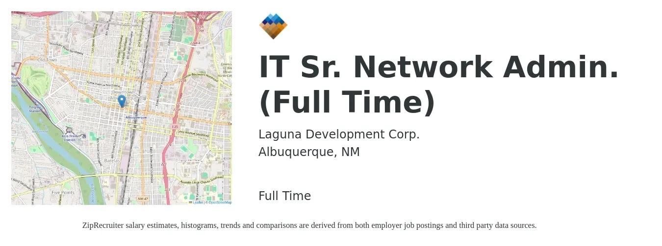 Laguna Development Corp. job posting for a IT Sr. Network Admin. (Full Time) in Albuquerque, NM with a salary of $78,000 to $109,000 Yearly with a map of Albuquerque location.