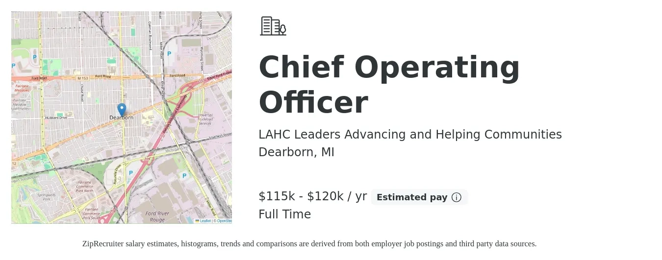 LAHC Leaders Advancing and Helping Communities job posting for a Chief Operating Officer in Dearborn, MI with a salary of $115,000 to $120,000 Yearly with a map of Dearborn location.