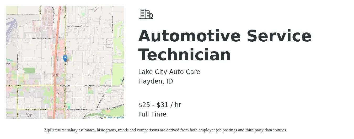 Lake City Auto Care job posting for a Automotive Service Technician in Hayden, ID with a salary of $17 to $25 Hourly with a map of Hayden location.