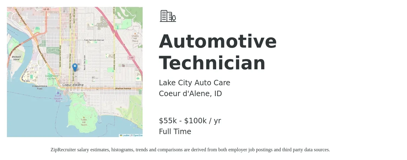 Lake City Auto Care job posting for a Automotive Technician in Coeur d'Alene, ID with a salary of $55,000 to $100,000 Yearly with a map of Coeur d'Alene location.