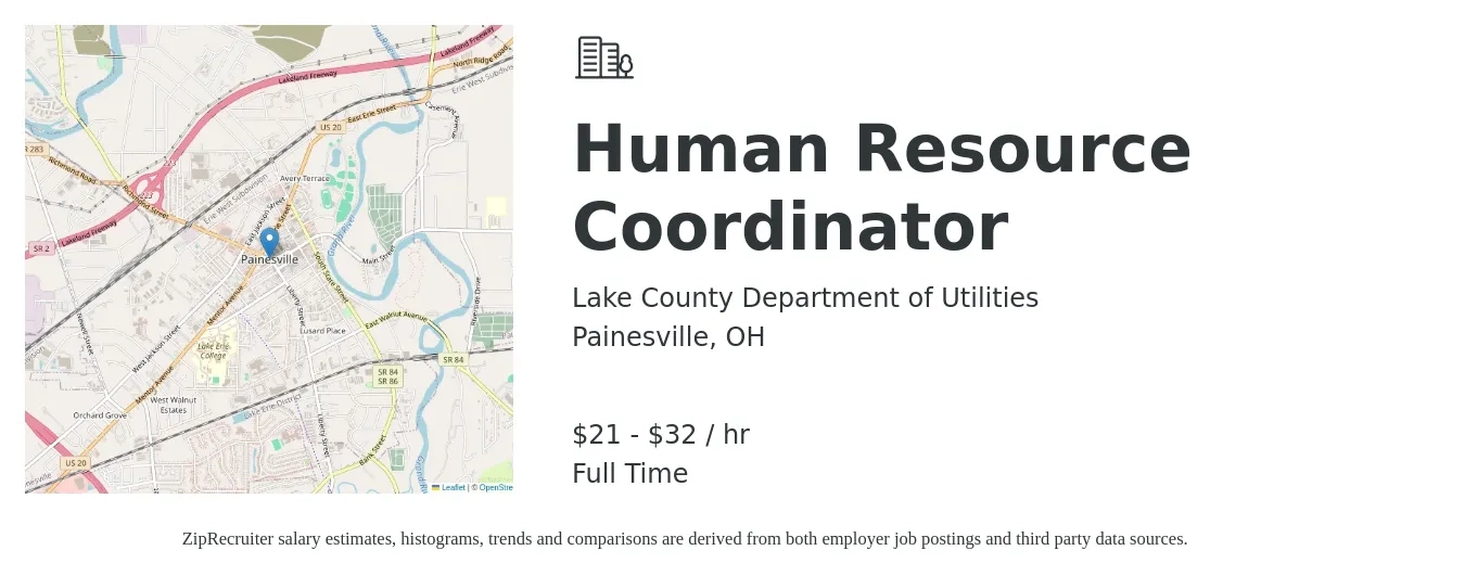 Lake County Department of Utilities job posting for a Human Resource Coordinator in Painesville, OH with a salary of $23 to $34 Hourly with a map of Painesville location.