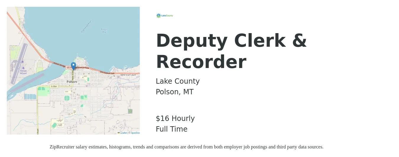 Lake County job posting for a Deputy Clerk & Recorder in Polson, MT with a salary of $18 Hourly with a map of Polson location.