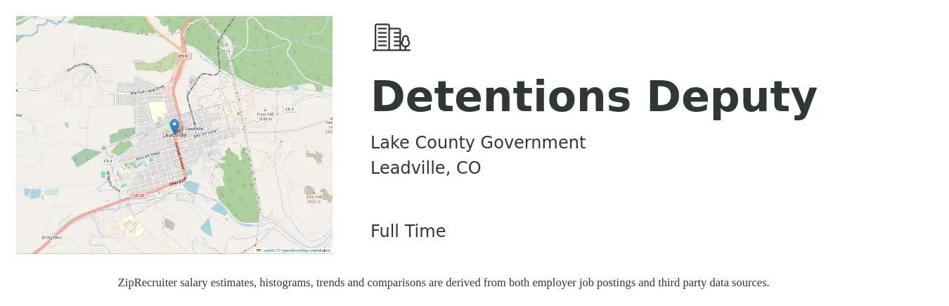 Lake County Government job posting for a Detentions Deputy in Leadville, CO with a salary of $61,000 Yearly with a map of Leadville location.