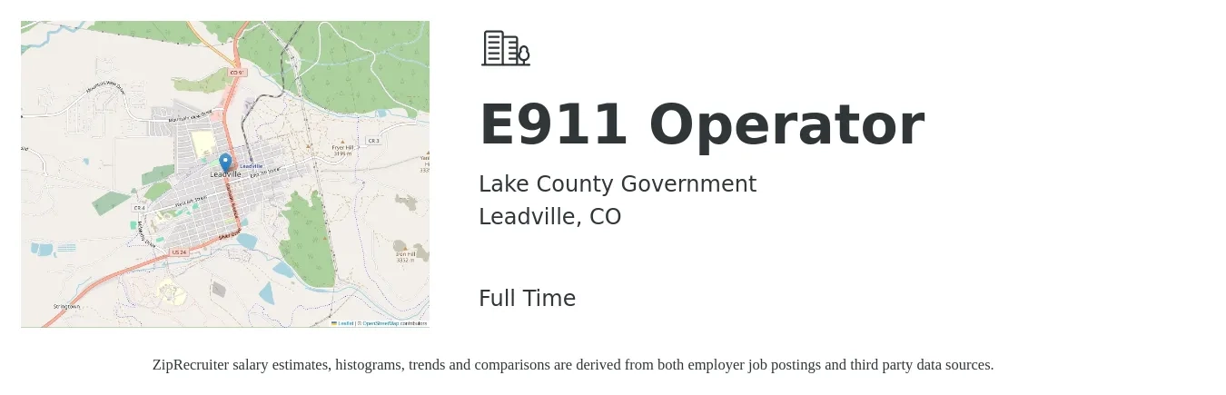 Lake County Government job posting for a E911 Operator in Leadville, CO with a salary of $49,000 to $59,000 Yearly with a map of Leadville location.
