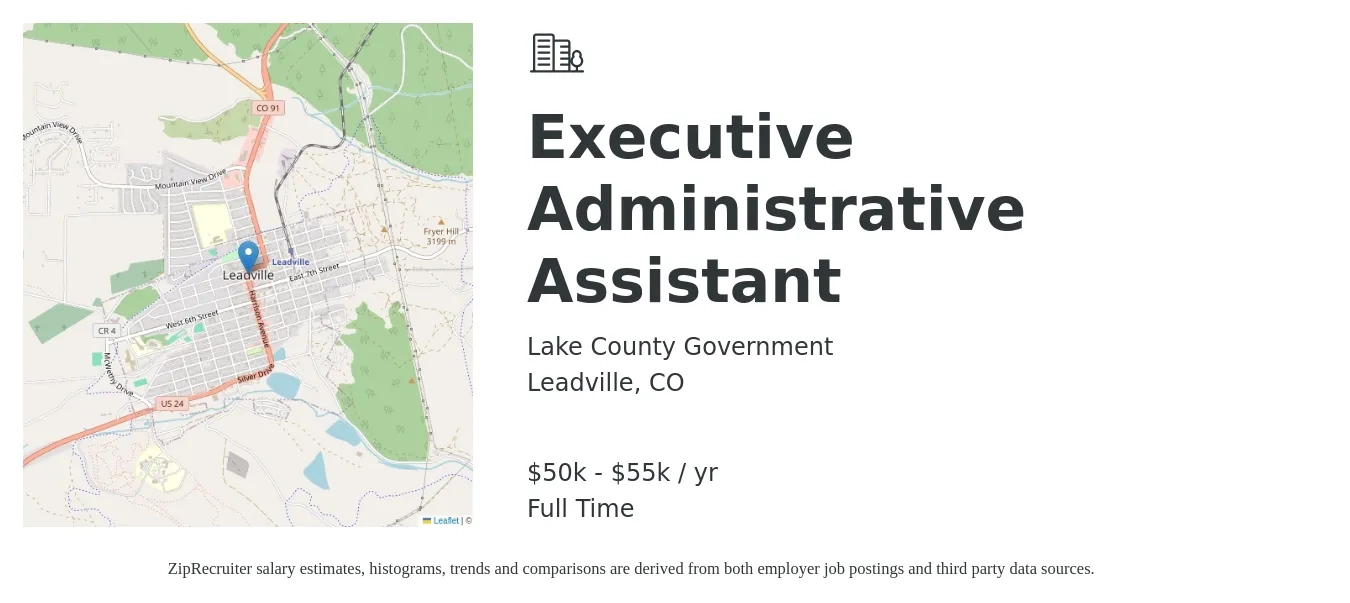 Lake County Government job posting for a Executive Administrative Assistant in Leadville, CO with a salary of $50,000 to $55,000 Yearly with a map of Leadville location.