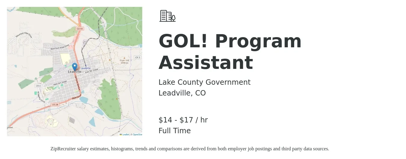 Lake County Government job posting for a GOL! Program Assistant in Leadville, CO with a salary of $16 to $18 Hourly with a map of Leadville location.